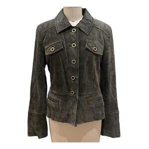 Ann Taylor Loft Jacket Womens 6 Green Suede Button Front Utility Moto